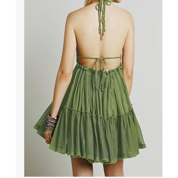 Boho Fairy Patchwork Swing Mini Dress Green Lace Polka Dot M - Picture 2 of 8